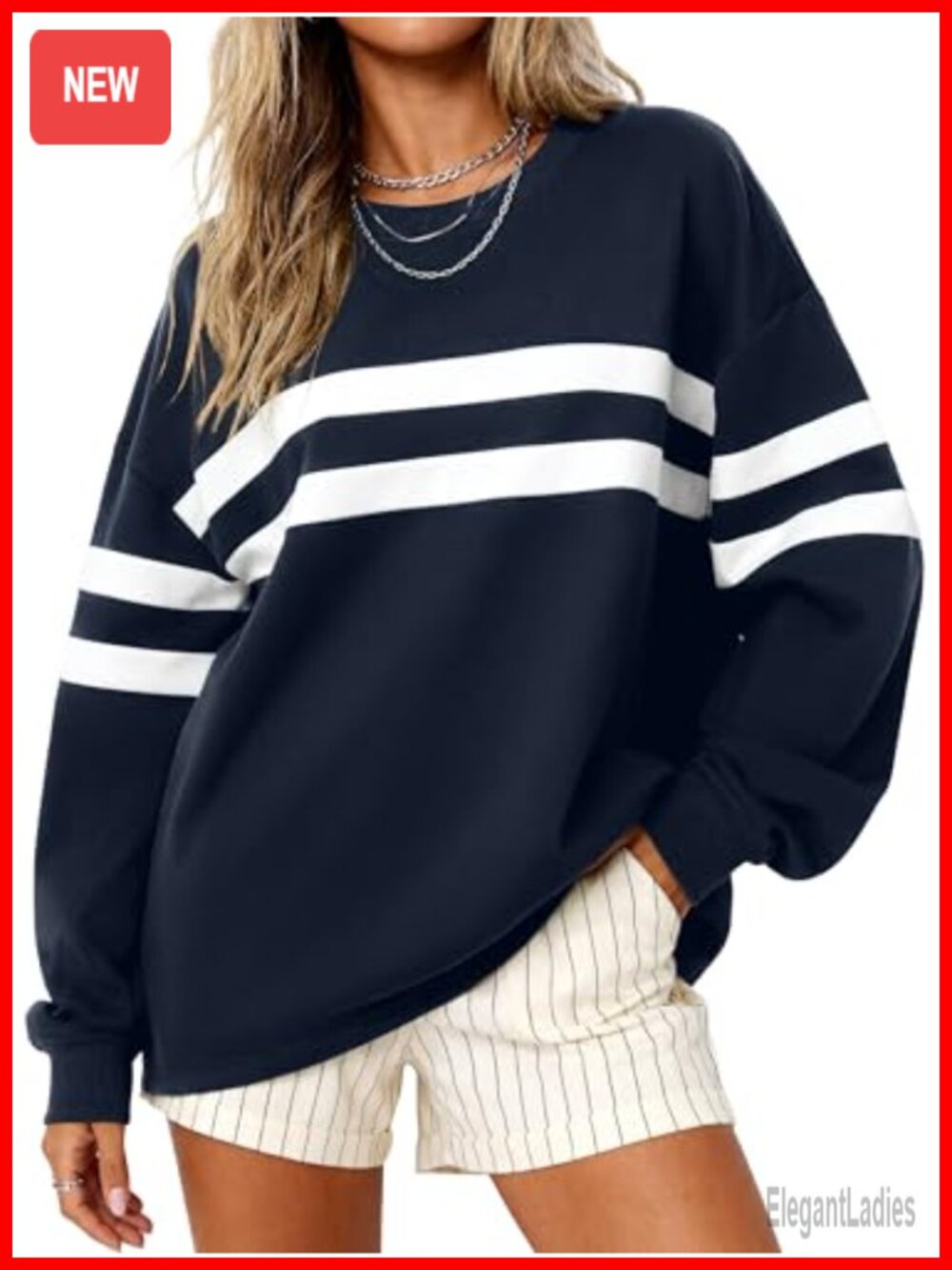 Oversized Striped Crewneck Sweatshirt Relaxed Tunic Pullover